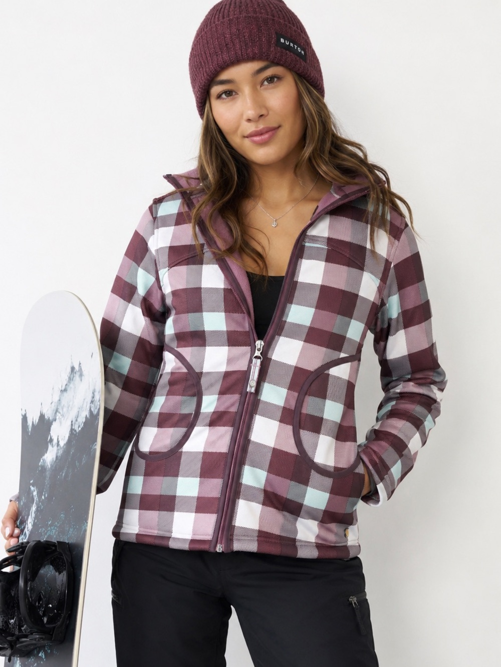 Burton Women's S Plaid Ski/Snowboard Jacket Purple/white lined fleece pockets